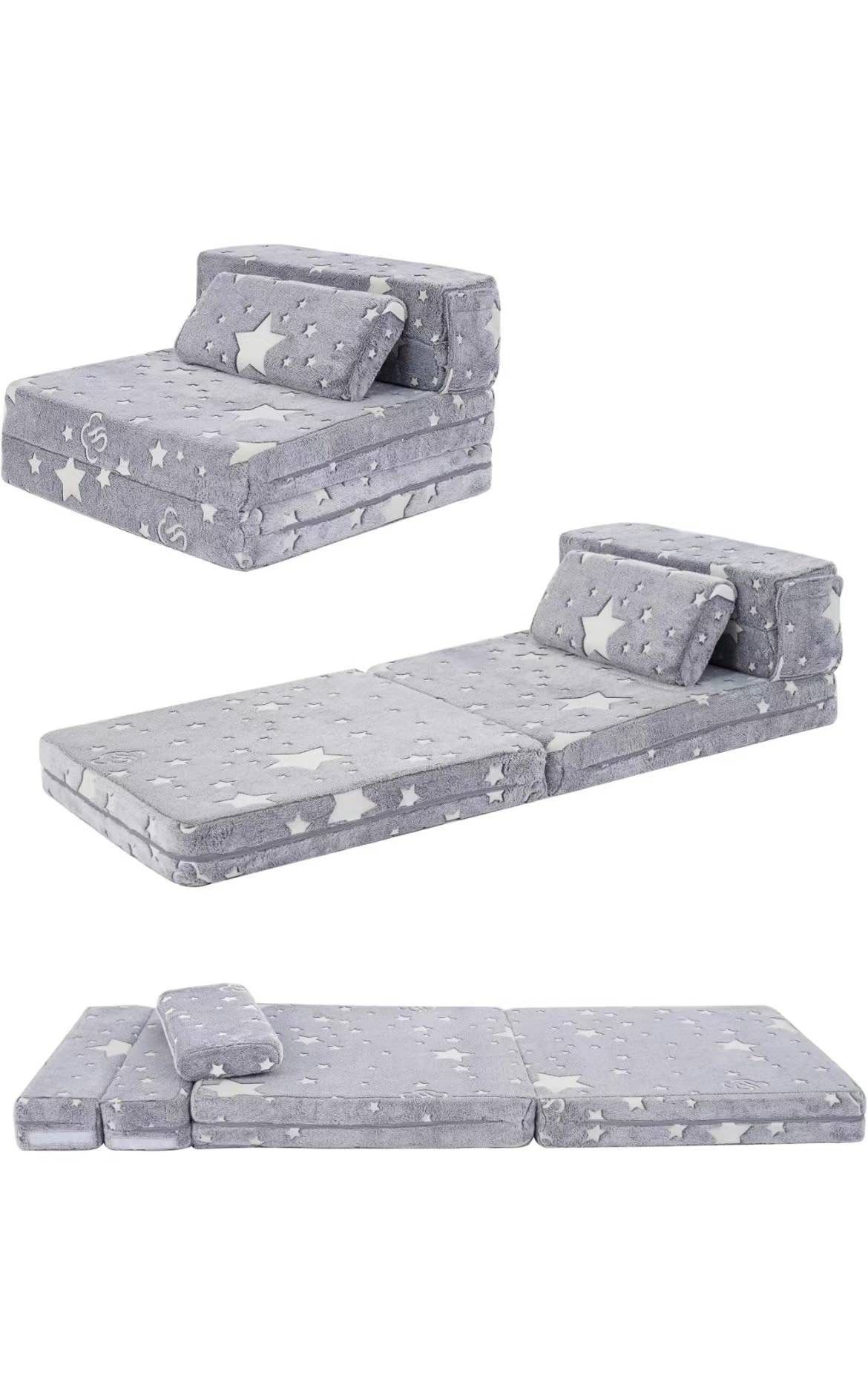 3-in-1 Folding Sofa Bed for Kids,Tri Folding Floor Toddler’s Mattress Fold up Sofa Bed,Child Foldable Futon Mattress,Folding Couch for Kids,Glow in Da