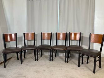 Metal, Wood & Leather Dining Chairs (6) / Sillas de Fierro, Madera y Piel