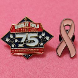 Chicago Cubs VINTAGE (1989) Unocal76 "75TH ANNIVERSARY@ WRIGLEY" & BREAST CANCER RIBBON Lapel/Hat/Tie Pins (New In Package) Please Read Description.
