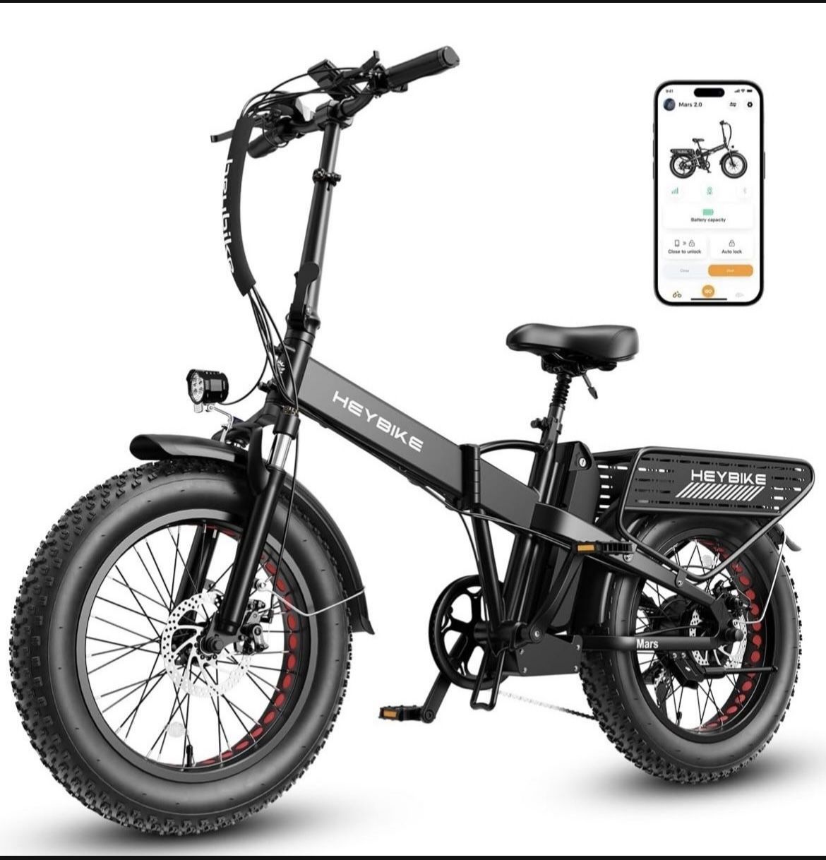 Heybike Mars 2.0 Electric Bike for Adults,【28MPH&1400W Peak Motor】，624Wh Removable Battery with 50 Miles Max Range, UL Certificated Folding Electric B