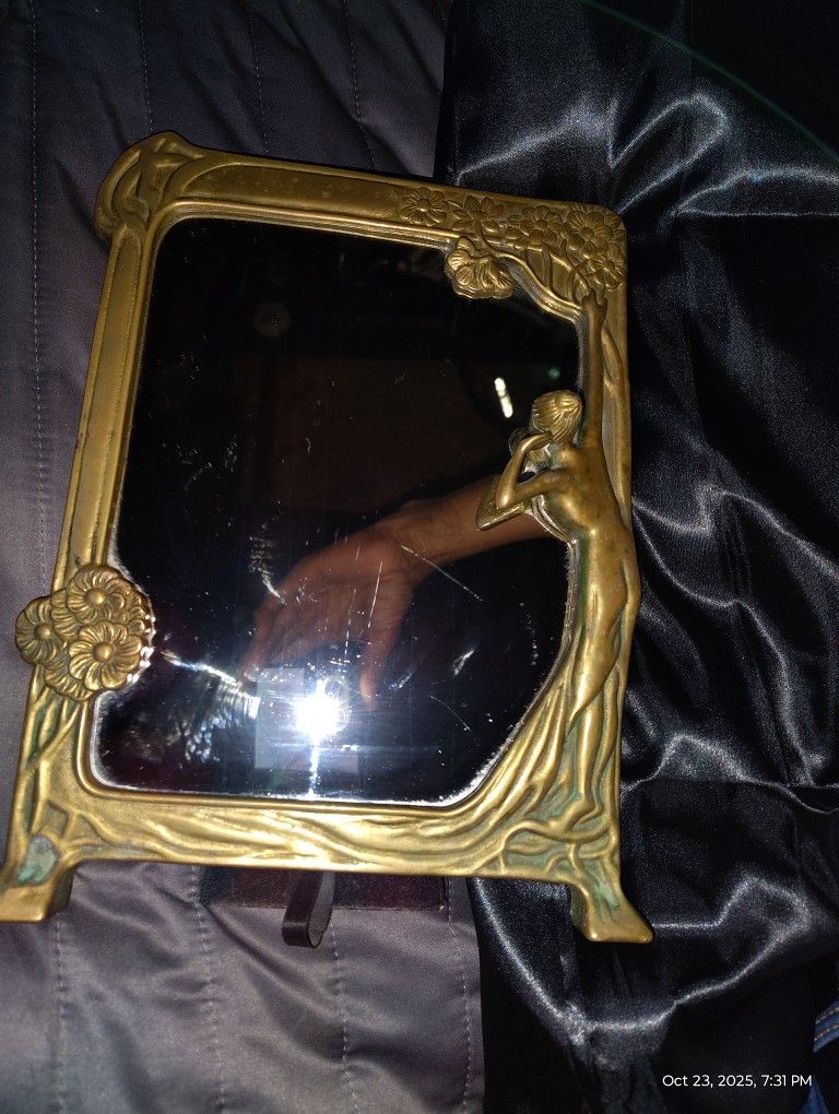 Antique Art Nouveau Brass Mirror