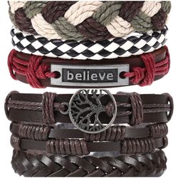 2 x Set Adjust. Size up to 9.5inc Leather Bracelet, (Believe_1-Brown)