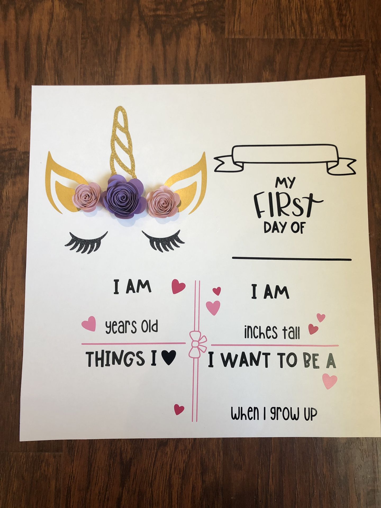 First day of school , boy, girl, on poster card,unicorn