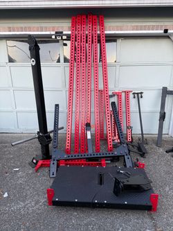 ROGUE MONSTER POWER RACK WITH DROP IN RHINO, plate loaded slinger, safety straps, weight holder pins, landmine