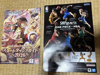 Official S.H.Figuarts promotional flyer  featuring One Piece x NBA Luffy figures and One piece trading card catalog  2 piece set  anime dragon ball z