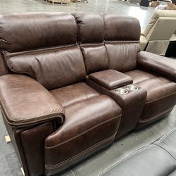 Italian Leather Loveseat Console Fresno P2 Brown