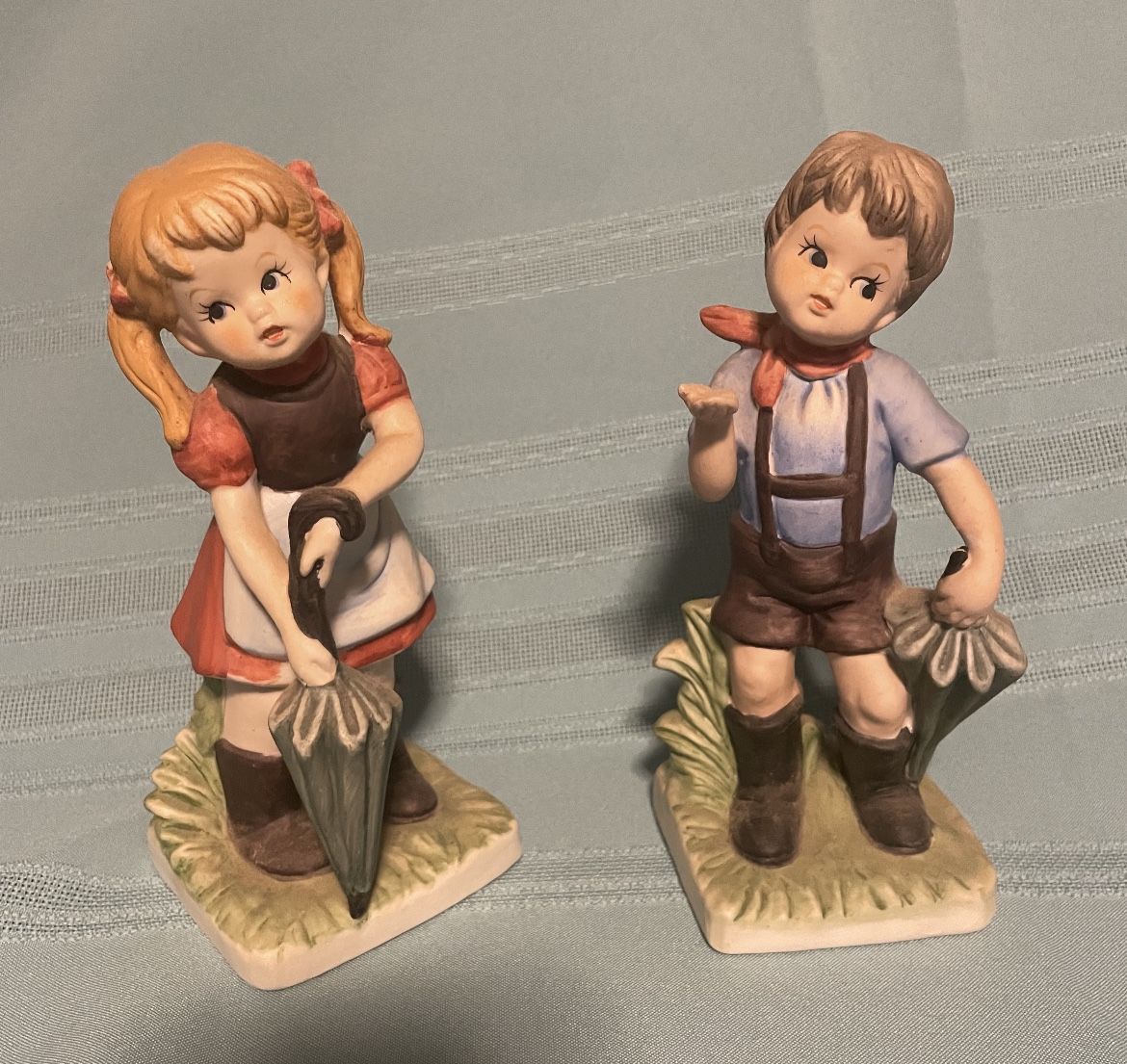 Vintage Set FBIA Hand Painted Porcelain Figurines Boy & Girl with Umbrellas