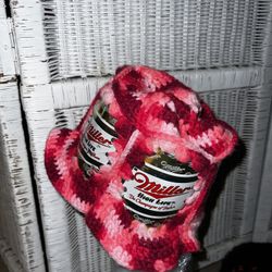 Vintage Crochet Beer Can Millie Lite Granny Square Pink White 