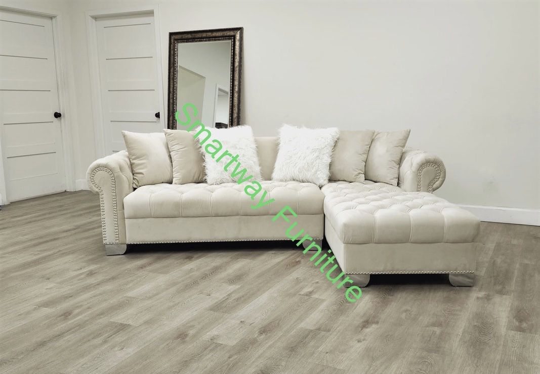 Sectional Velvet White Tufted New Box
