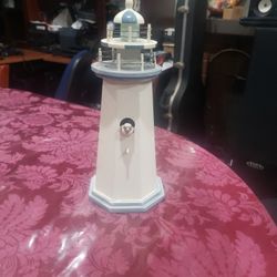1ft 1in Tall X 5in Wide From Bottom Beautiful Wooden Beach Light House. Bird Missing Nose Not A Big Deal