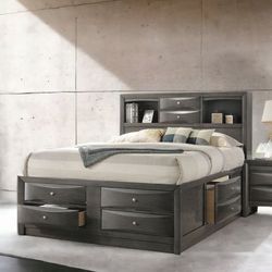 Grey Storage Bed Set - Queen Size Captains Bed + Dresser + Mirror + Nightstand $1200