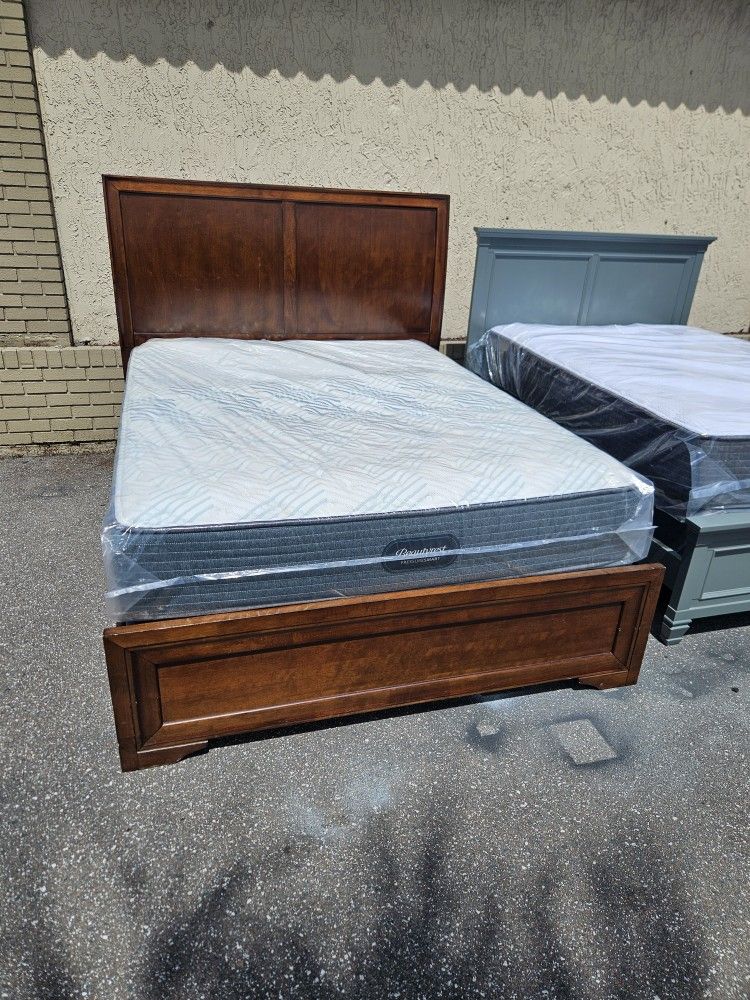 Brown Queen Size Solid Wood Belcourt Bed Frame With Brand New Queen Size Plush Beautyrest Mattress And Box Spring In Plastic