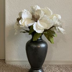 Gray Porcelain Vase With White Magnolia Flowers