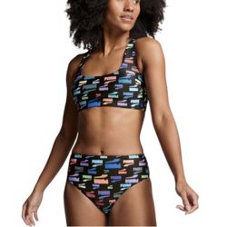 PUMA Women's Multicolor Logo Print Stretch Bikini Set High-Waisted 