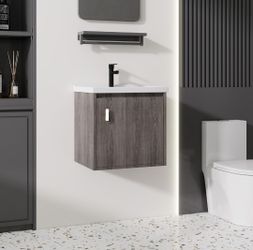 20'' Wall Mounted Floating Small Bathroom Vanity with Ceramic Sink, Grey Walnut