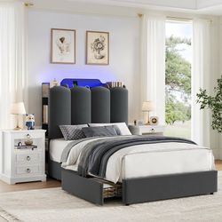 Twin Upholstered Platform Bed Frame with Storage Headboard, Grey