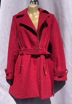 Michael Kors Red Wool Blend Asymmetric Zip Belted Trench Coat Jacket Small