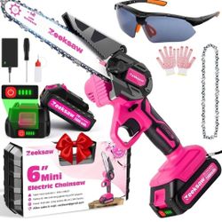 Pink Mini Chainsaw Cordless 6 inch - Electric Hand Held Chain Saw Battery Powered with Power Indicator - Rechargeable Portable Small Chainsaw