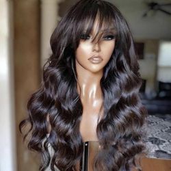 Human hair blend brown wig with bang.