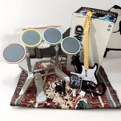 NINTENDO Wii ROCK BAND SPECIAL EDITION BUNDLE DRUMS GUITAR GAME MIC DONGLE HUB