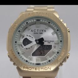 activa dual time gold analog & digital sports chronograph metal bracelet watch