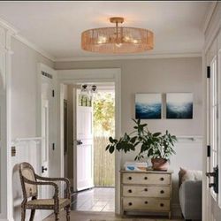 ZSRACHIU 24'' Rattan Flush Mount Ceiling Light Fixture, 5-Light Large Boho Light Fixtures with Hand-Woven Shade, Modern Rattan Chandelier for Bedroom 