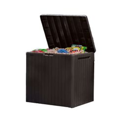 Keter City 30 Gallon Resin Outdoor Storage Box and Patio Furniture Side Table for Pool and Garden Accessories, Brown