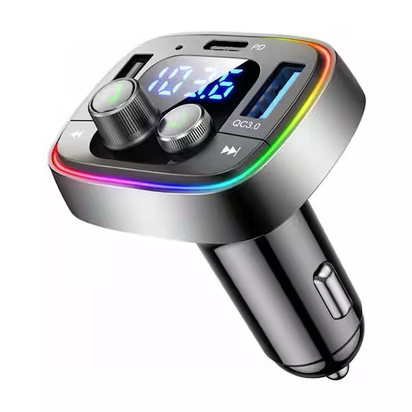 New Bluetooth 5.0 Car FM Transmitter with USB PD Charger, Hands-Free Calling, LED RGB Lighting and Dual USB Ports, Black
