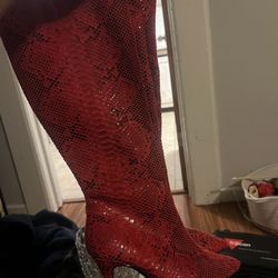 Red Snake Skin Boots High Knee 