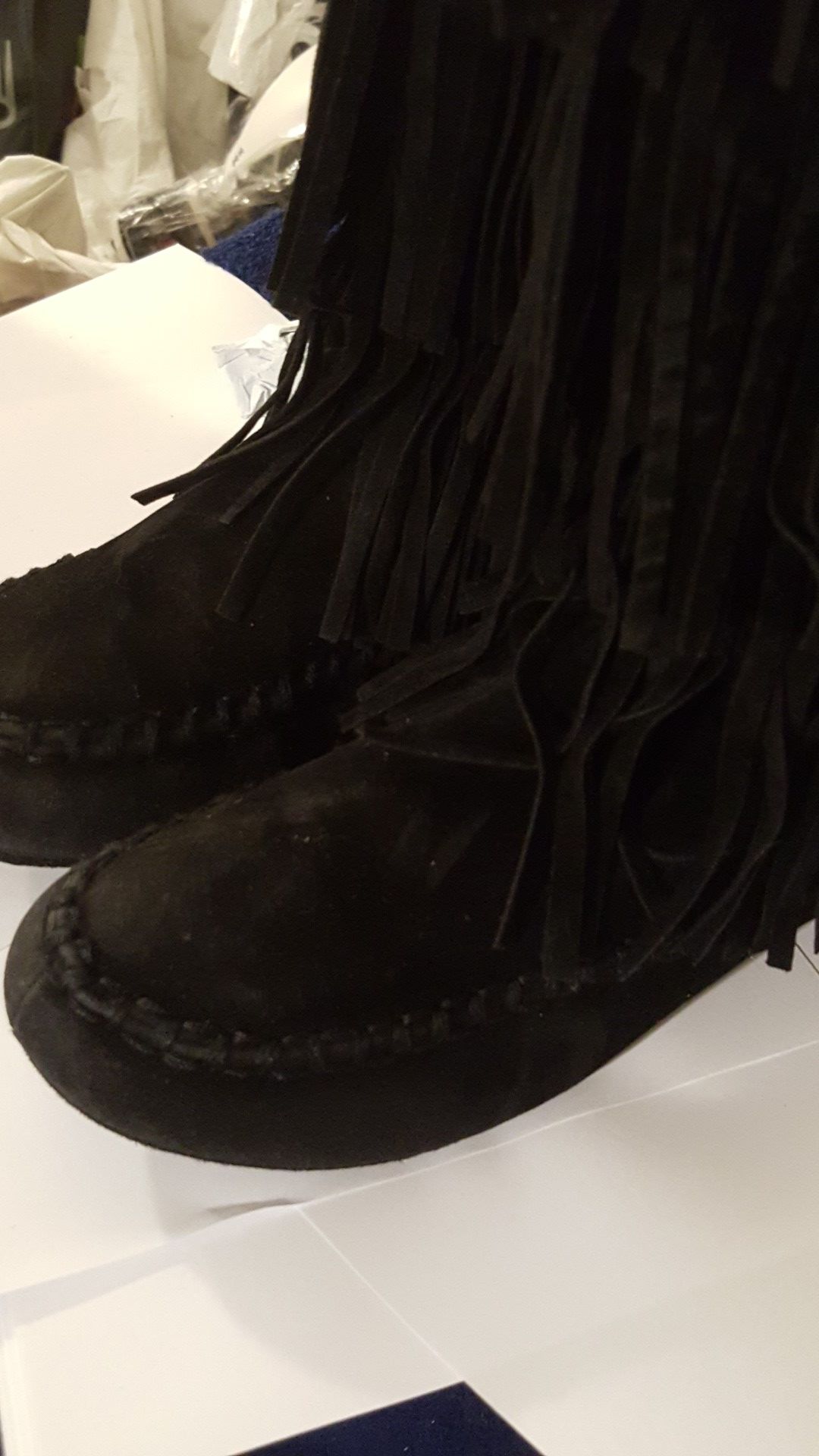 Black leather fringe boots women's size 5