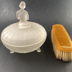Vintage Vanity Lot—Frosted Glass Lady Powder Dish & Amber Celluloid Brush