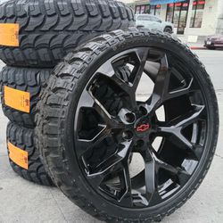 22" Chevy Silverado GMC Sierra Glossy BLACK Wheels & Tires 33" Off-Road Suburban Escalade Tahoe Yukon Rims Rines Setof4..FINANCING..