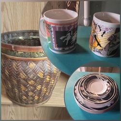 Mixed Lot: Mugs, Bowls, and Woven Basket