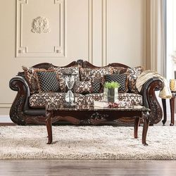 💎VINTAGE SLEIGH STYLE SOFA BROWN ESPRESSO VICTORIAN PRINT COUCH💎