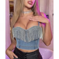 Y2K Vibes Blue Denim Cowgirl Western Rhinestone Fringe Crop Bustier Tank Top