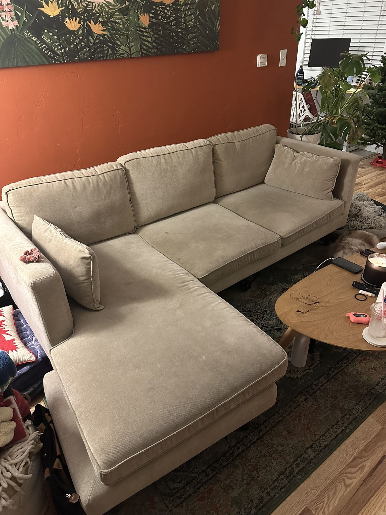 Couch-Beige- 2 Piece Sectional- L Chaise