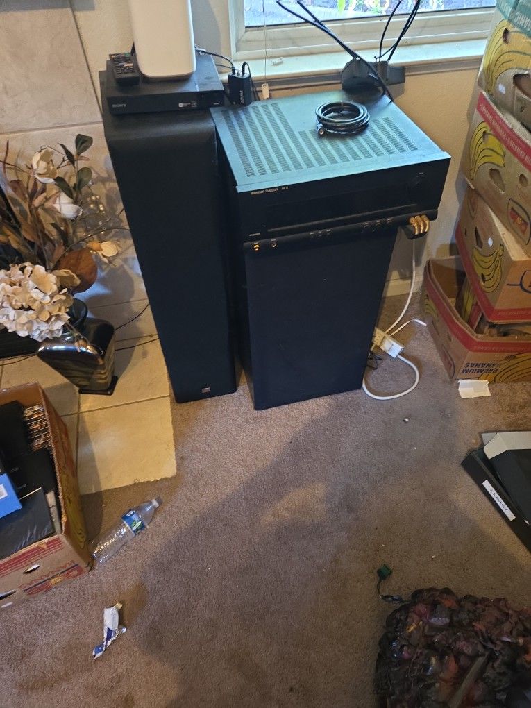 JBL Brand Tower Speakers And 2 10" Box Speakers Plus A Stereo Receiver