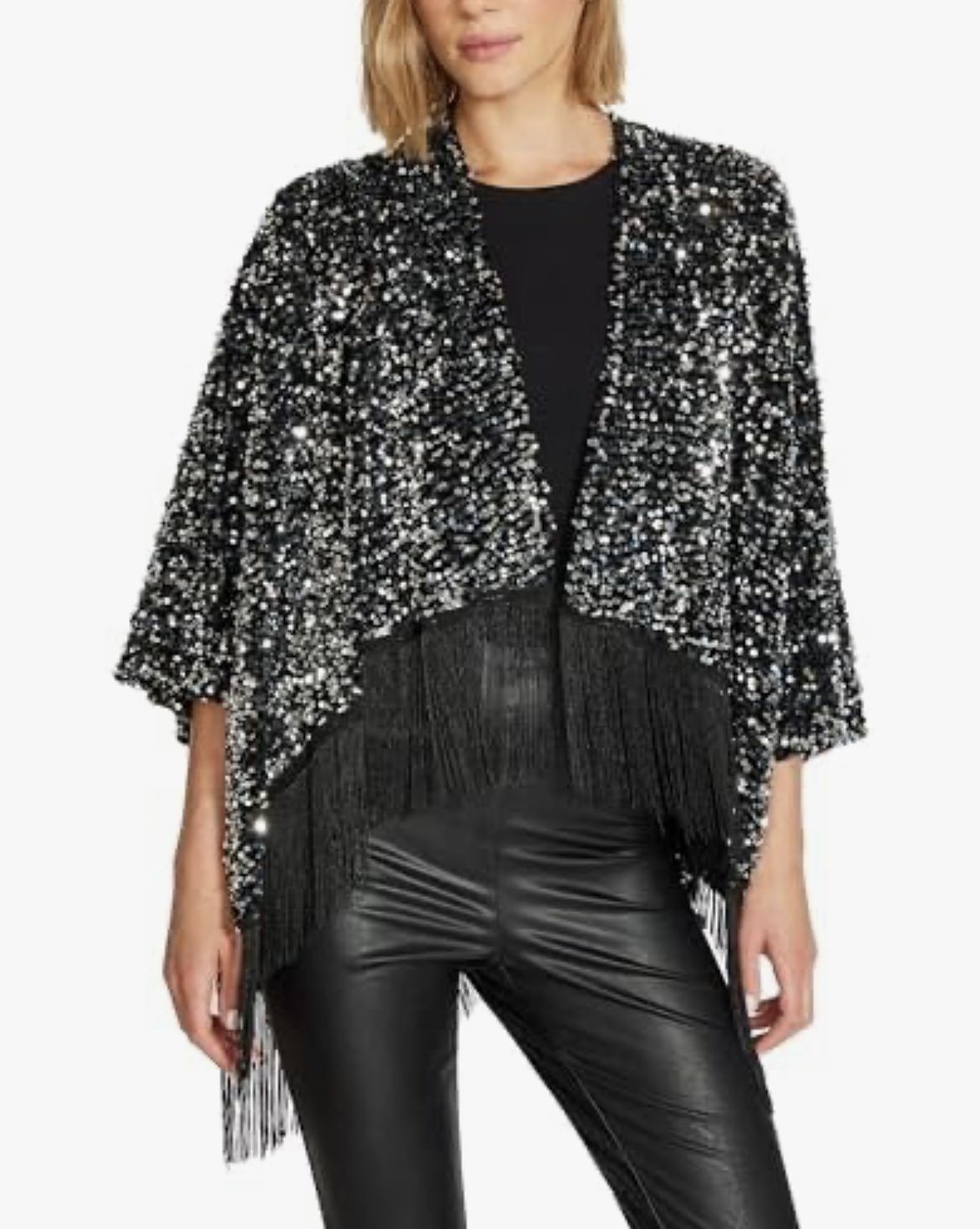 STEVE MADDEN Women's Sequin Fringe Crop Ruana Jacket Free Size