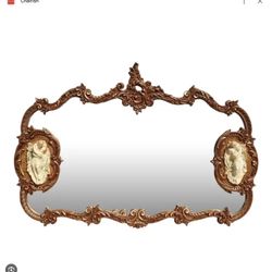 Vintage French Rococo Louis XV Gold Wall Mantle Mirror ~ Bisque Figural Lovers $350