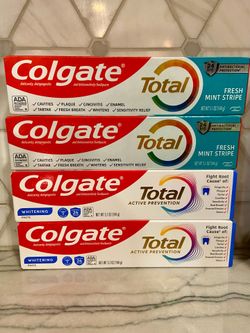 New Colgate Total toothpaste.  Fresh Mint Stripe gel or Active Prevention Whitening paste. Each box is 5.1 oz.