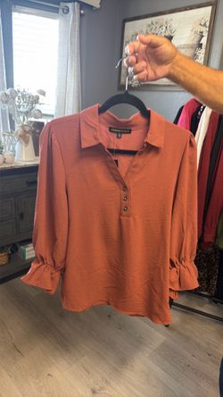 Rust Orange Collared Blouse with Ruffle Cuffs
