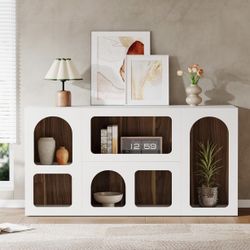 New assembled 59" White Console Table, Modern Entryway Table, Wooden Storage Organizer Entrance Table with 6 Compartments, Long Sofa Table, Behind Cou