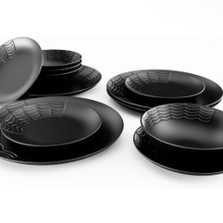 Nomnu Spiderweb Dinnerware Set (12 Pieces) - 4 Dinner Plates, 4 Salad Plates, 4 Bowls - Black Matte Porcelain Goth Dinnerware Set - Halloween Spooky C