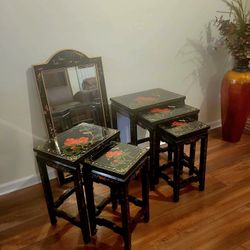 Vintage Oriental Nesting Tables With Matching Mirror 
