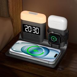 Wireless Charging Station for Apple Devices, Wireless Charger 5 in 1 Charging Station for Multiple Devices, Alarm Clock with Wireless Charging for iPh