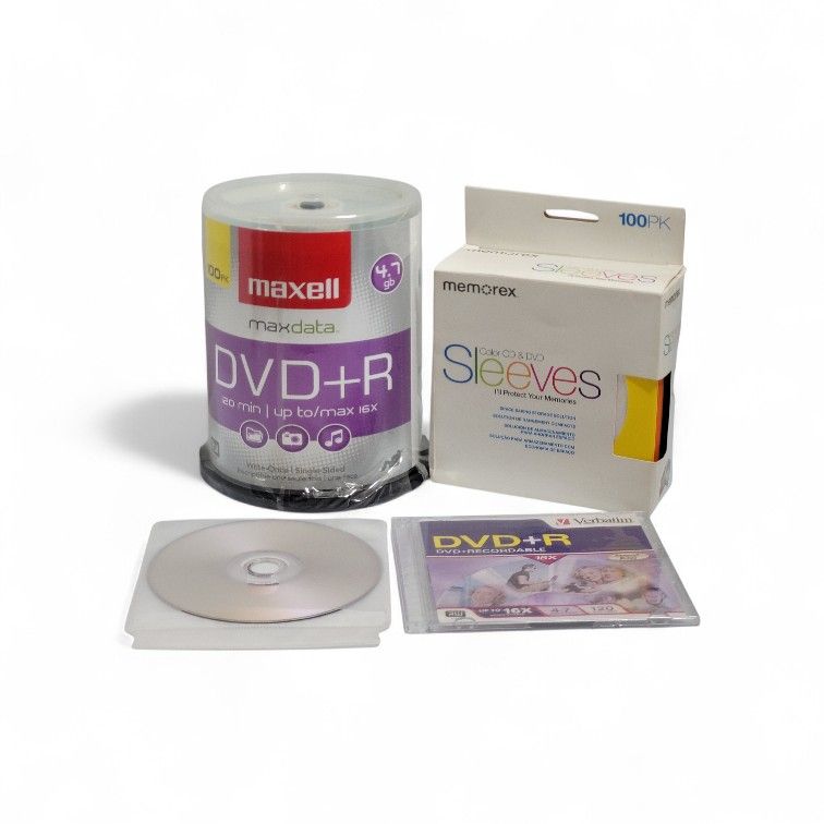100 Pack +(2) MAXELL Maxdata RW DVD+R 16x 4.7 GB 120 Min Spindle & 100pk Sleeves Brand New Sealed. This is a Maxell 100-pack spindle of Maxell Maxdata