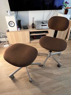 Vintage Brown Rolling Office Chair and Stool, Chrome Base