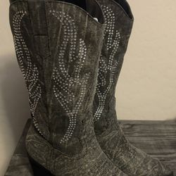Grey Denim With Rhinestones Cowboy Boots