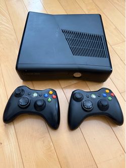 Xbox 360 Slim Console + 2 Wireless Controllers – Works Great
