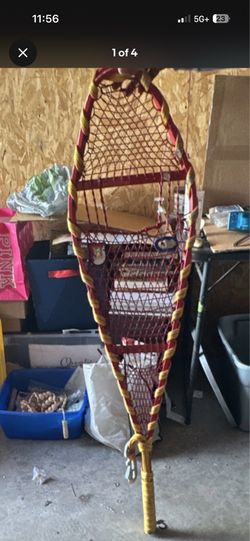 Vintage Traditional Wooden Snowshoes Pair 10x36 Red/Yellow Lacing Bindings